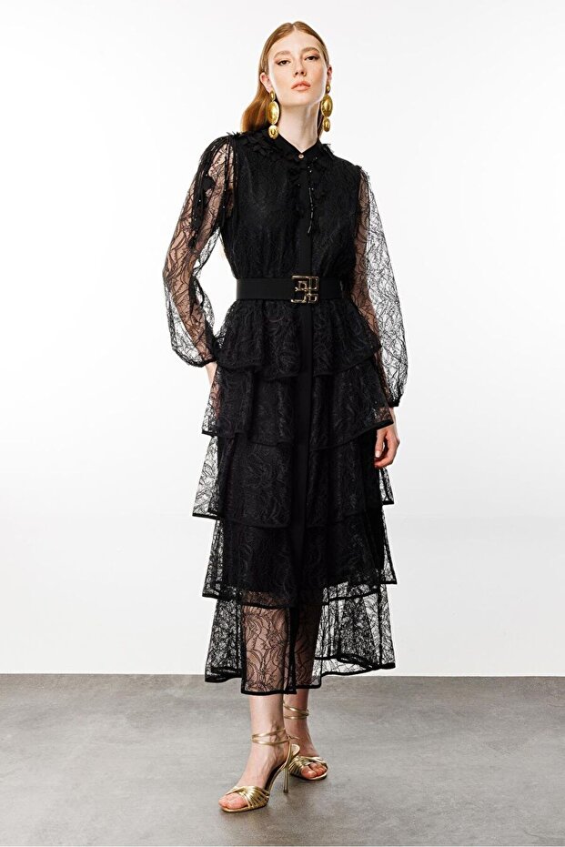 Kat Kat Volanlı Dantel Elbise SİYAH - 1