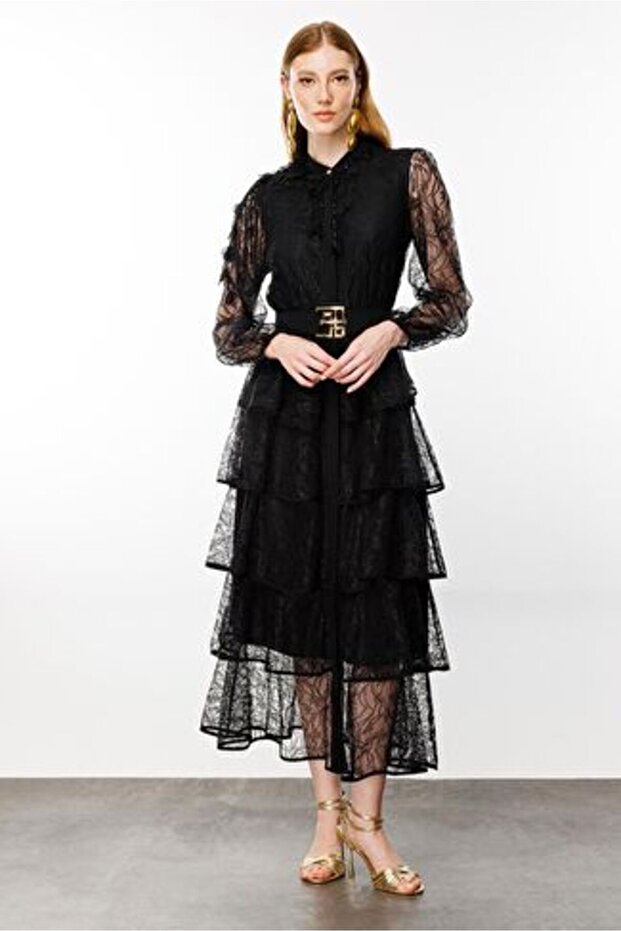 Kat Kat Volanlı Dantel Elbise SİYAH - 5