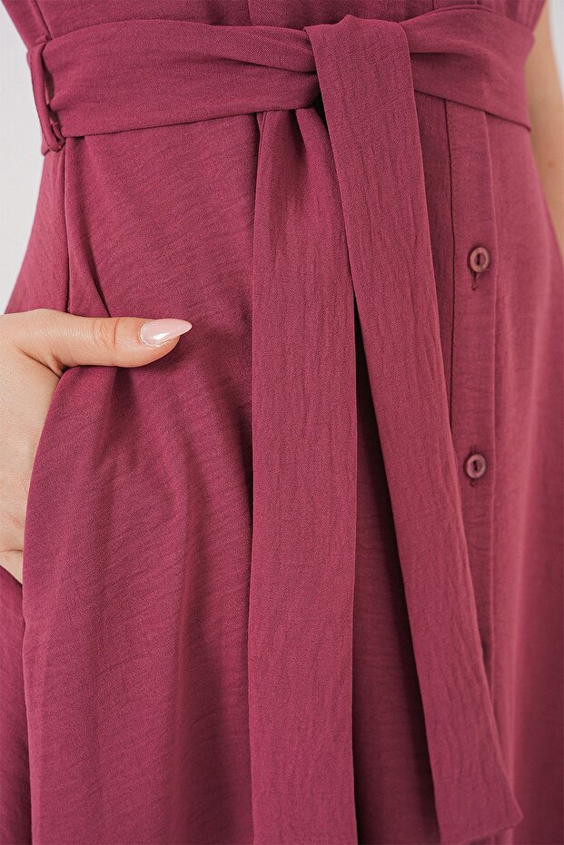 BDART Kemer Detaylı Düğmeli Gömlek Yaka A Form Midi Elbise - 5