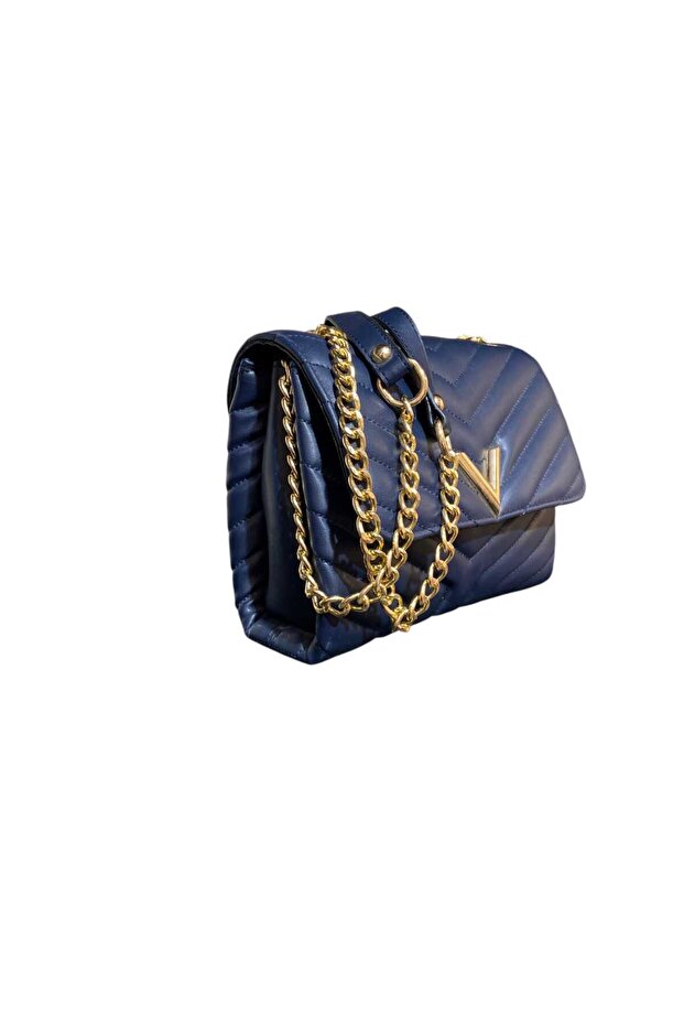 Small Stylish Bag with Quilted Chain Strap and Leather Shoulder Part, Dark Blue