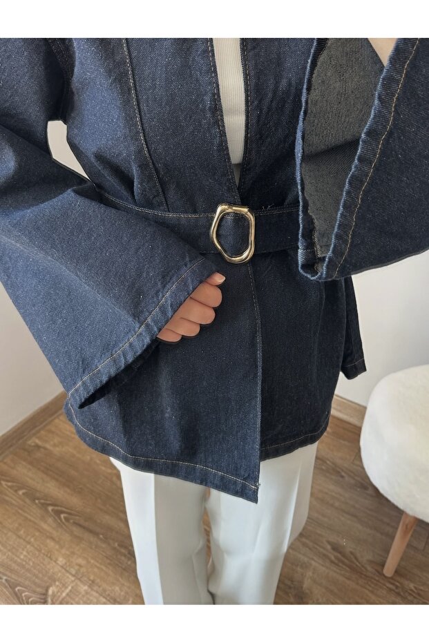 Kemerli Oversize Denim Ceket - 2