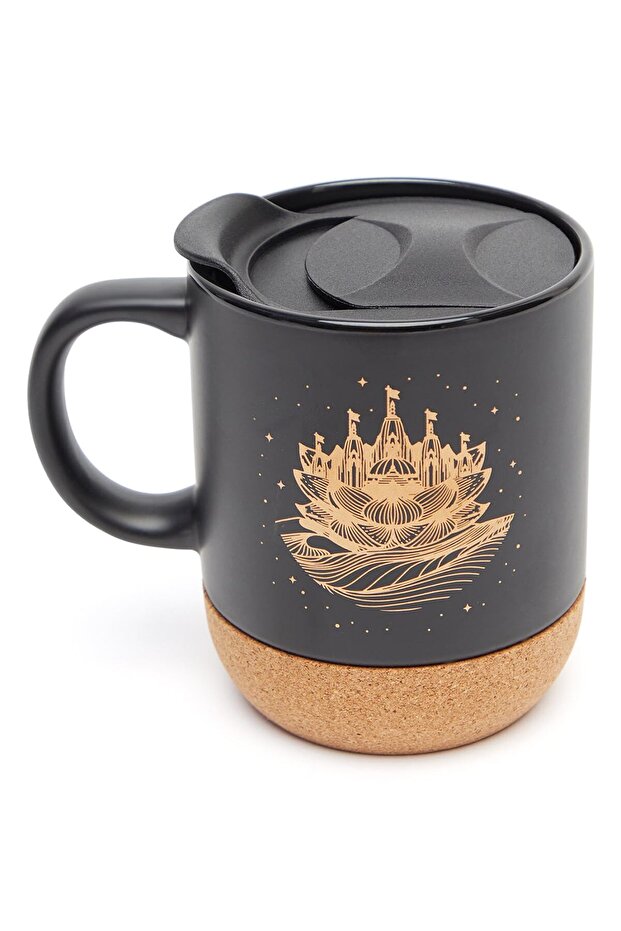 Elegant Ceramic Mug, Lotus Design With Cork Base, Hot and Cold With Lid