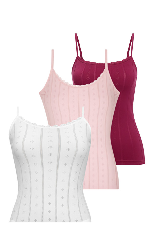 Women's 3-Piece Thin Strap Heart Jacquard Pattern Colorful Tank Top Vr.L20.23I.123İ.Y02