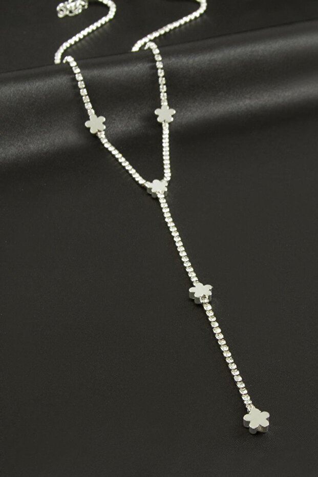 Flower Ribbon Stone Steel Y Necklace