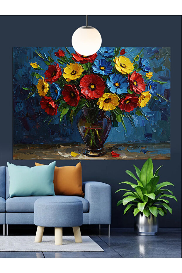 Parlak Renkli Çiçeklerden Oluşmuş Vazo Dekoratif Kanvas - Mdf Ahşap Tablo - 5