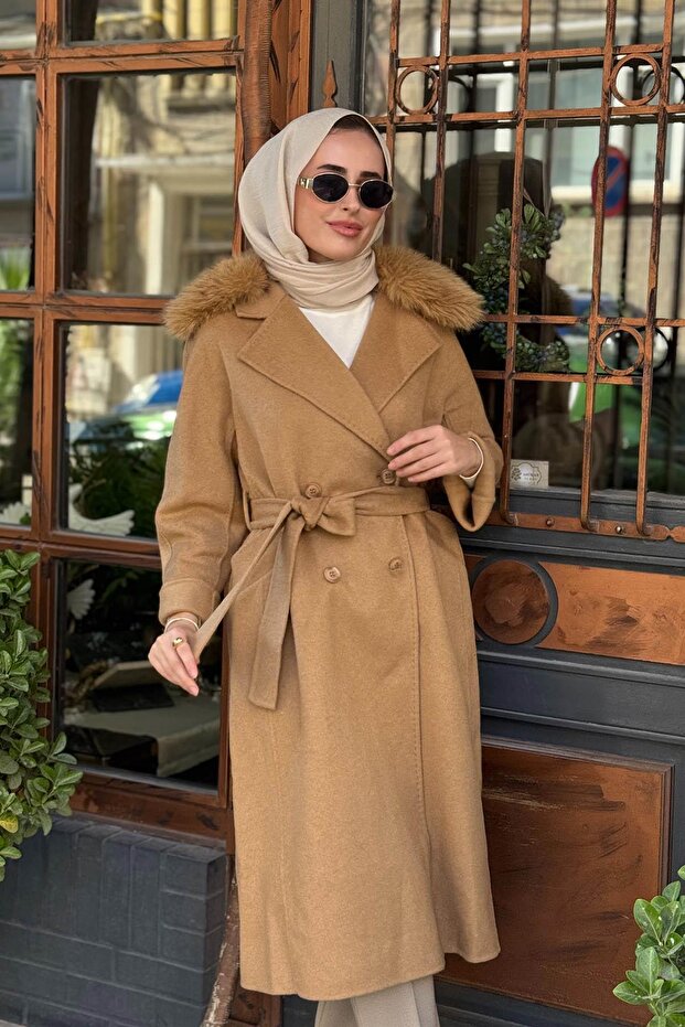 Premium Yün Kürklü Kruvaze Düğmeli Kaban KA-A23-17024 Camel - 3