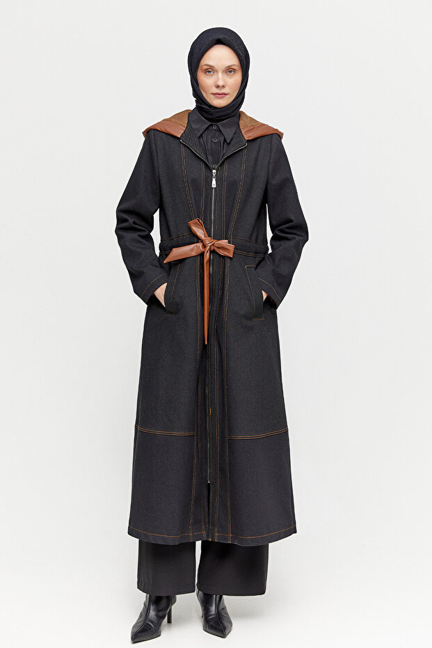 Deri Detaylı Kapüşonlu Pardösü - 1