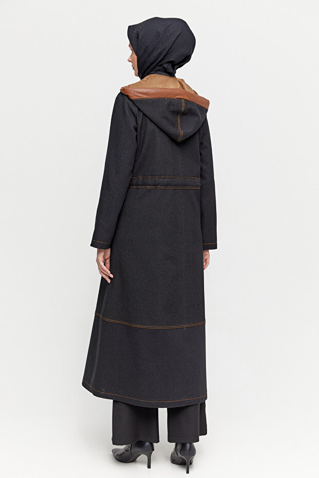 Deri Detaylı Kapüşonlu Pardösü - 5