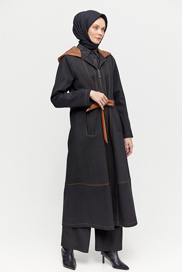 Deri Detaylı Kapüşonlu Pardösü - 2