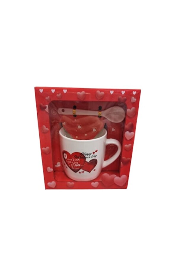 Ceramic mug set with spoon, heart pattern, multicolor, 200 ml - 1