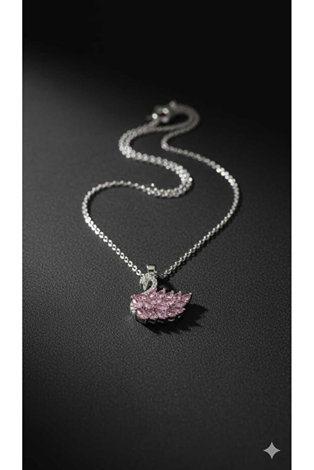 Silver Color Swan Figured Pink Stone Steel Necklace