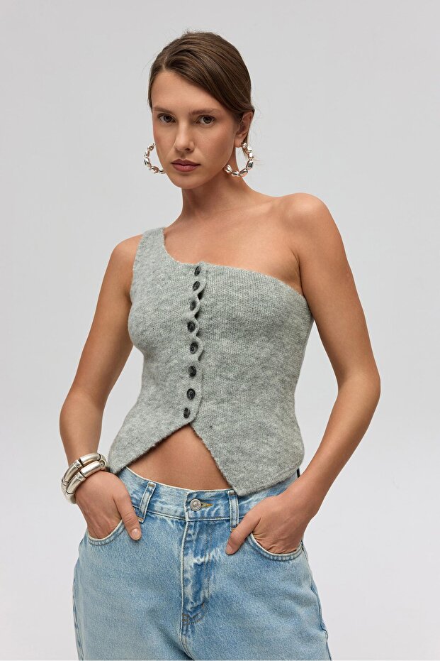 Elvar Tek Omuz Gri Triko Crop - 4