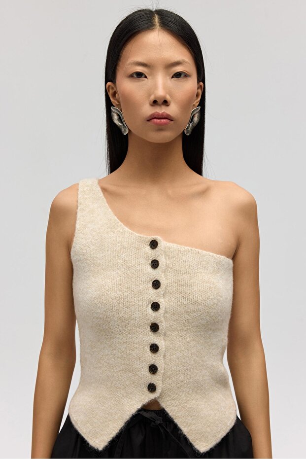 Elvar Tek Omuz Bej Triko Crop - 2