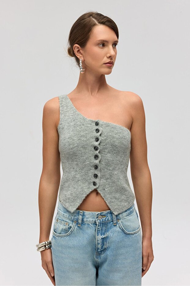 Elvar Tek Omuz Gri Triko Crop - 2