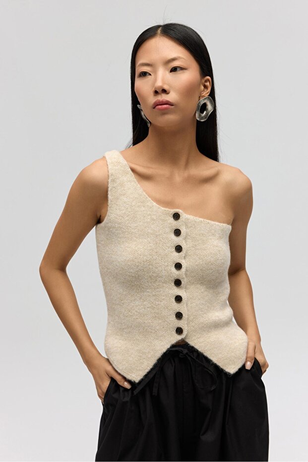 Elvar Tek Omuz Bej Triko Crop - 6