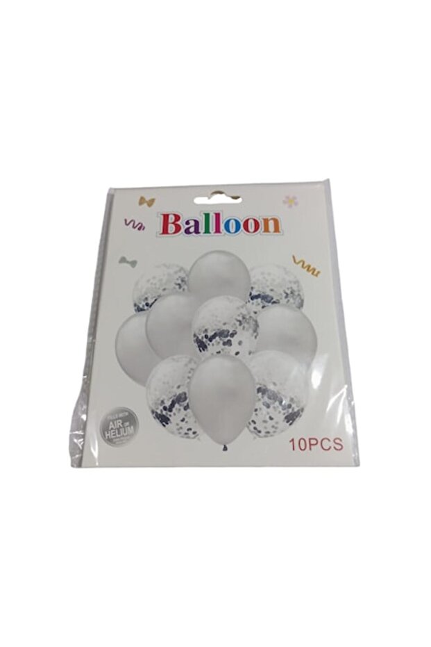 Set of 10 Latex Balloons with Confetti, Platinum Grey/Transparent - 1