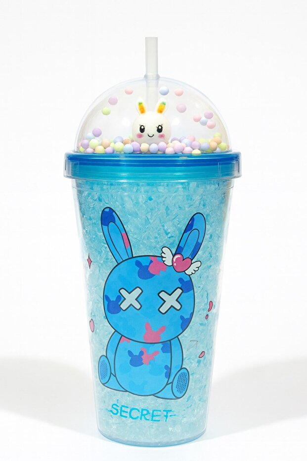 Water Bottle with Straw, Frosted Glass Look, 450 ml Double Layer Mica Water Bottle, 2087 Blue