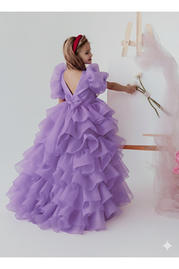 GIRLS' REMOVABLE-TAIL LAYERED EVENING DRESS WITH HAIR CLIP