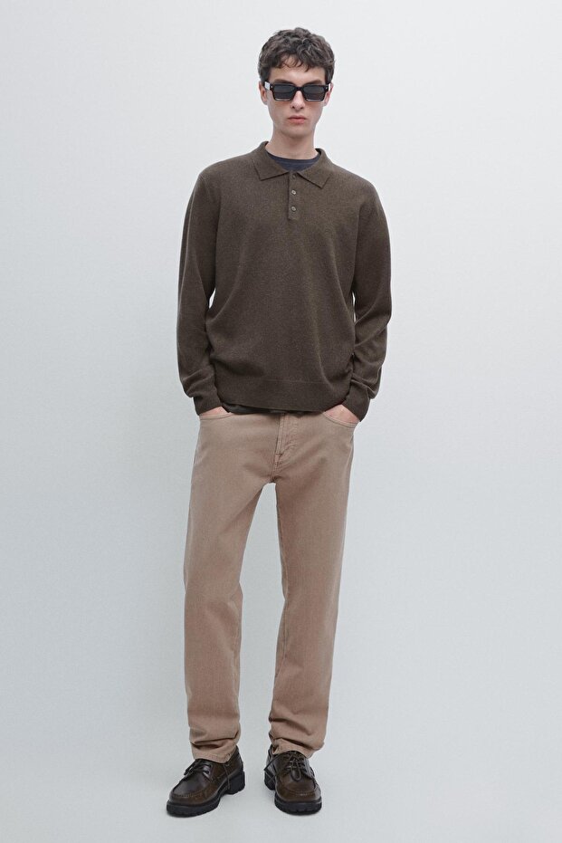 Yün karışımlı triko polo yaka kazak - 1