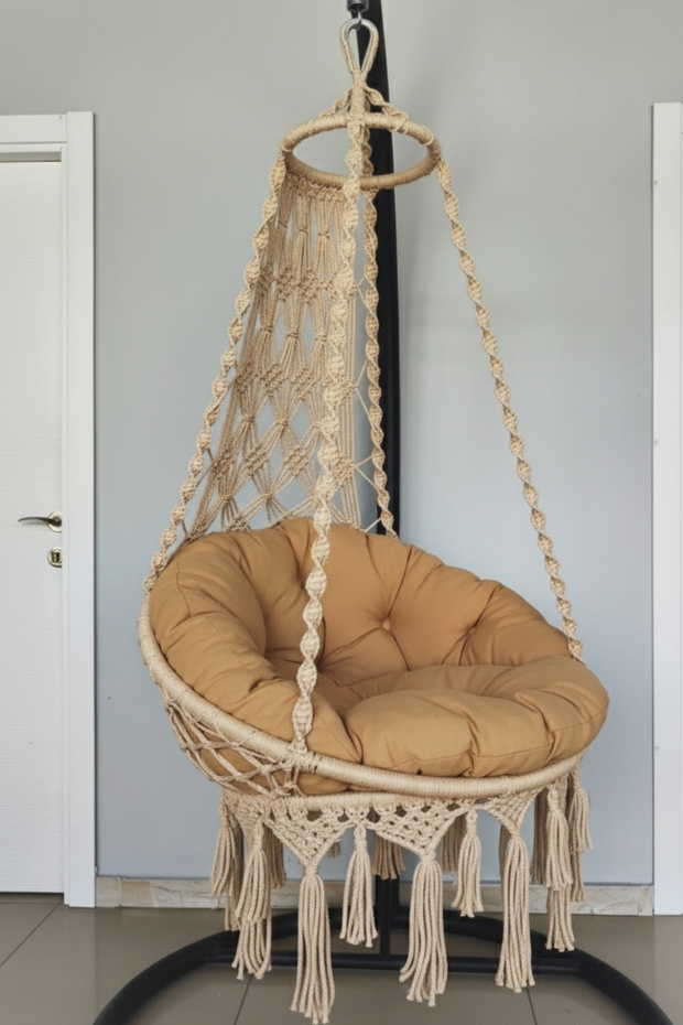 Tek Kişilik Makrome El Örgüsü Salıncak MİS38001BejM (Sadece Salıncak + Minder) - 1