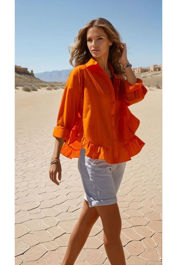 Women's 100% Cotton Flam Voile Fabric Long Sleeve Skirt Ruffled Loose Shirt 3570330