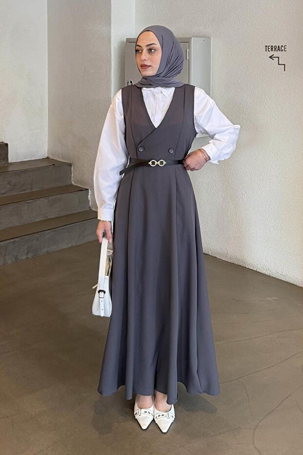 Button Detailed Sleeveless Hijab Dress Anthracite