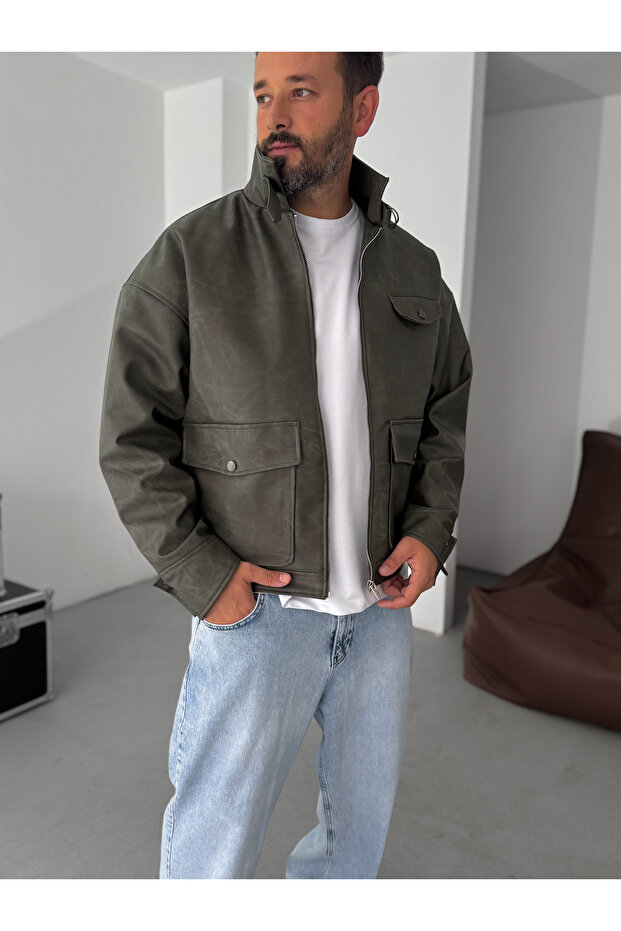 Haki Çift Cepli Efektli Bomber Deri Mont EP-7301 - 3