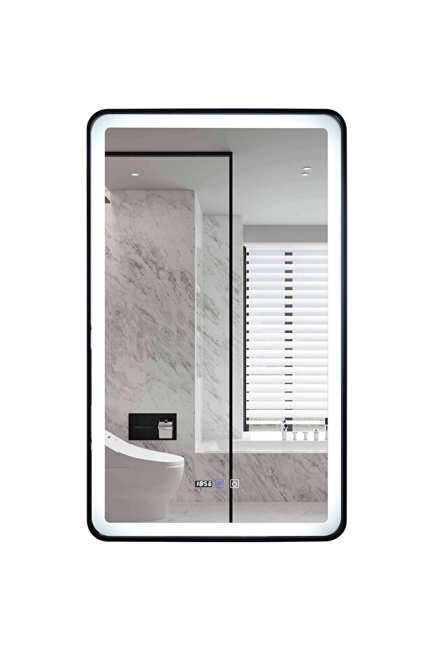 LED Mirror with Touch, 60 X 100 Cm, with Defog Function and Clock, Matte Black Frame, J38, - 3