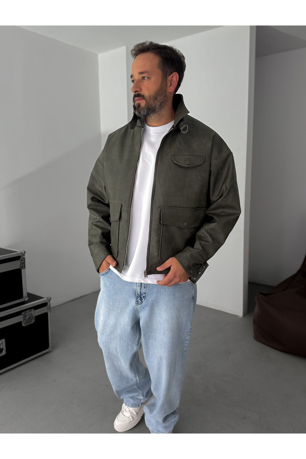 Haki Çift Cepli Efektli Bomber Deri Mont EP-7301 - 4