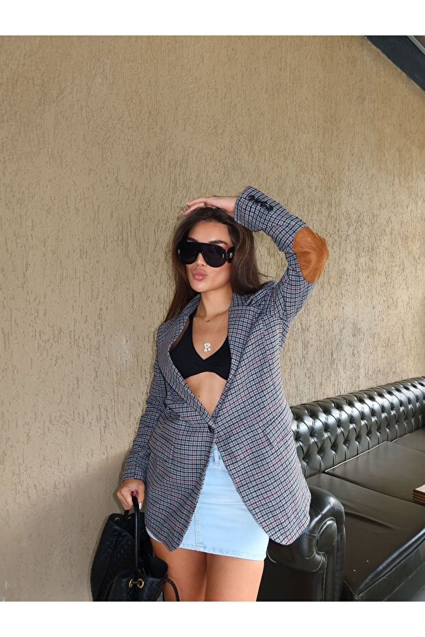 Gri Astarlı Dirsek Detaylı Tek Düğme Kruvaze Blazer Ceket - 2