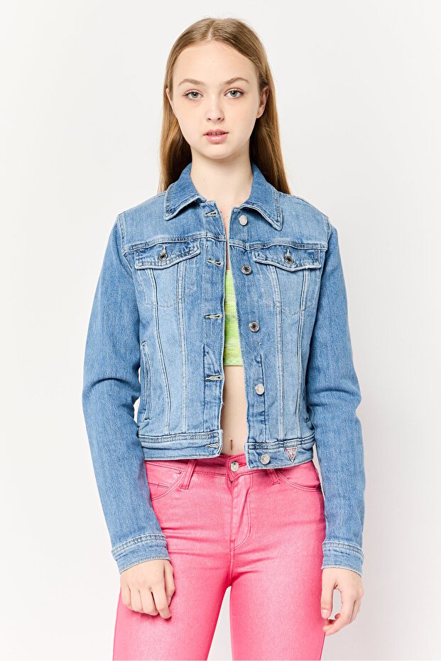 Women Washed Denim Jacket, Blue