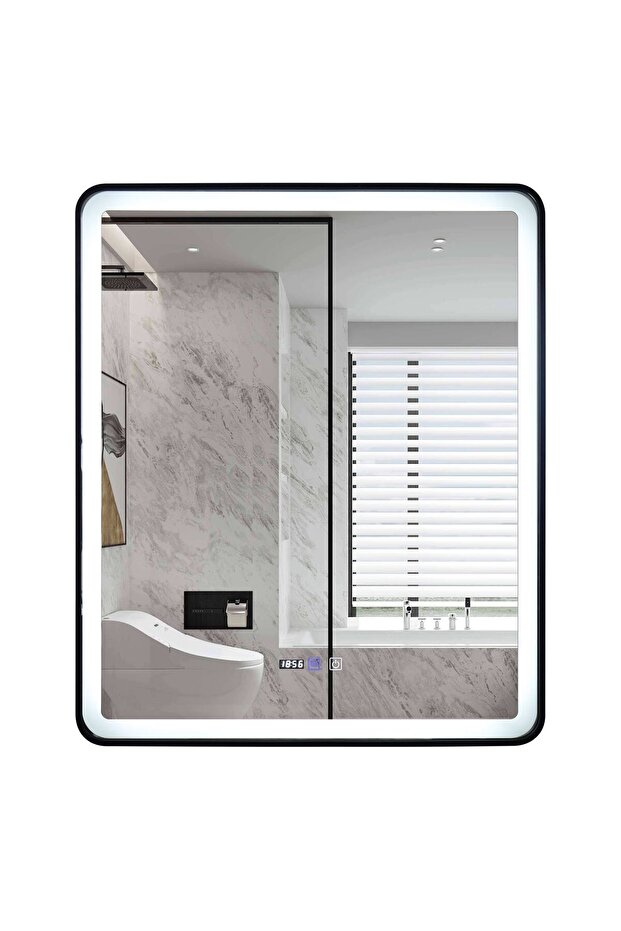 LED Mirror with Touch, 75 X 90 Cm, with Defog Function and Clock, Matte Black Frame, J37, - 2