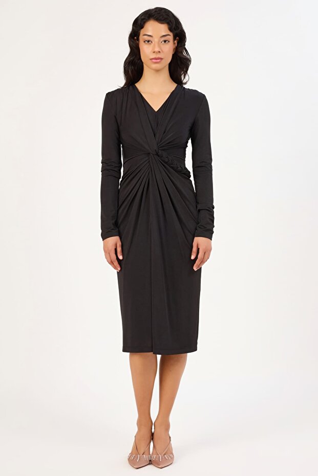 Örgü bant detaylı likralı örme elbise - 1