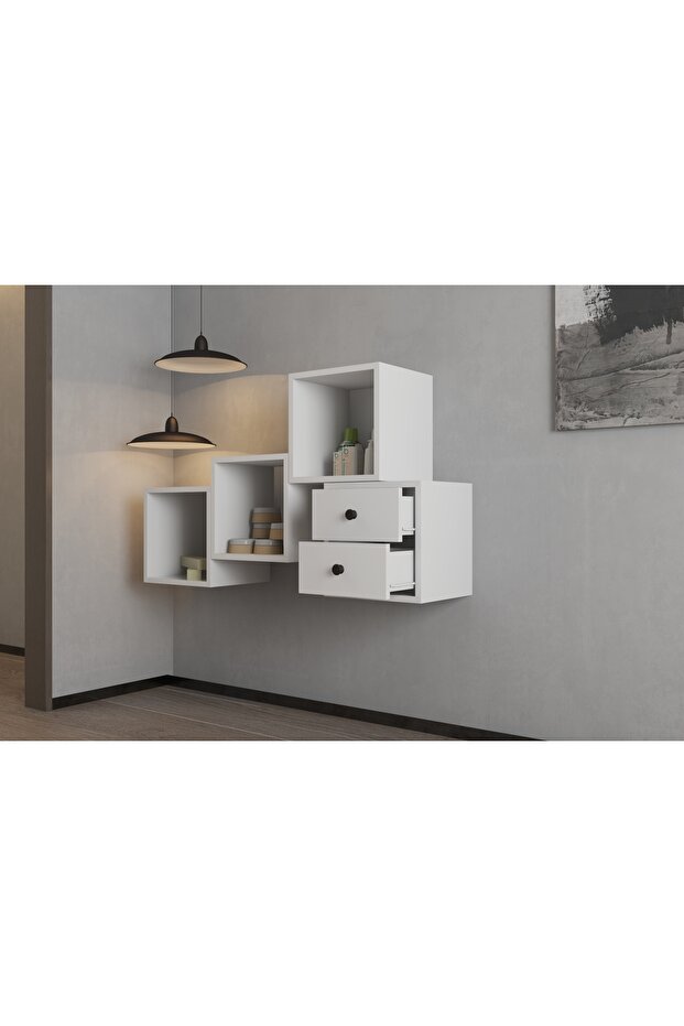 Modüler Duvar Tipi Çok Amaçlı Dolap & Raf Seti – banyo, antre, oturma– Beyaz-PNR-ÇA-D-1008 - 3