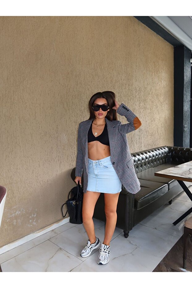 Gri Astarlı Dirsek Detaylı Tek Düğme Kruvaze Blazer Ceket - 7