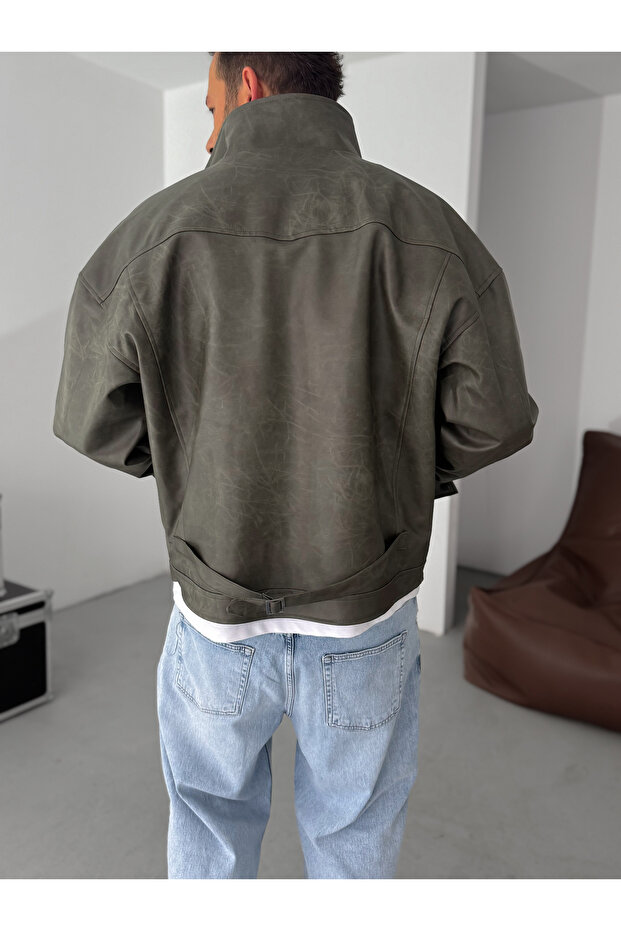 Haki Çift Cepli Efektli Bomber Deri Mont EP-7301 - 6