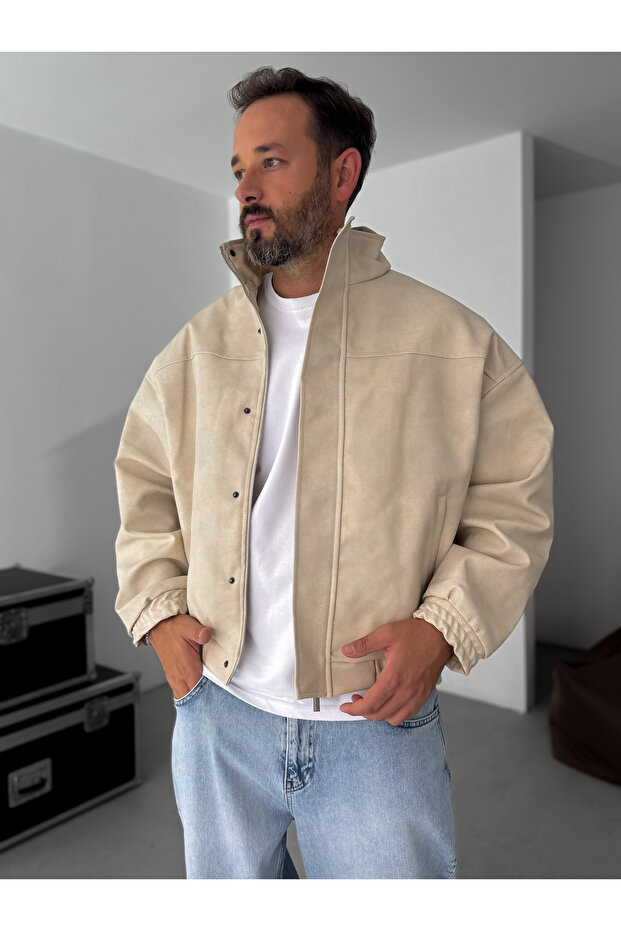 Beige Bomber Leather Jacket Ep-7321 - 1