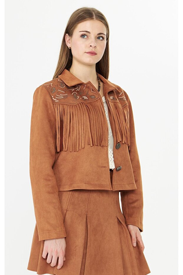 Süet Nakışlı Püsküllü Ceket Taba - 4