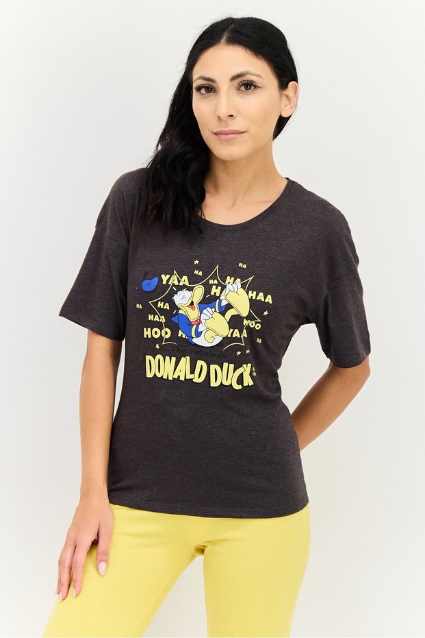 Disney x Women Crew Neck Graphic Print Short Sleeve Sleepwear, Dark Grey