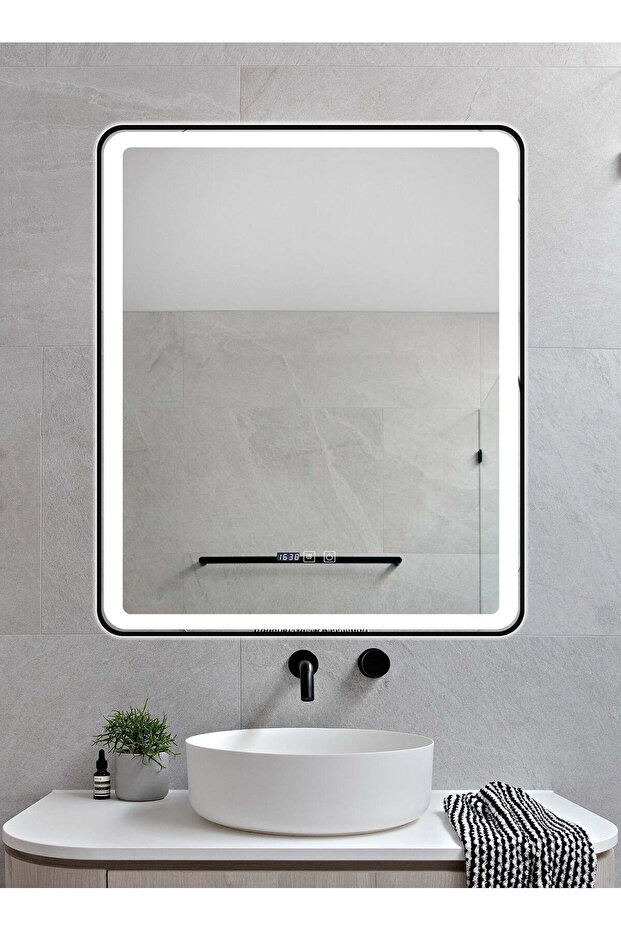 LED Mirror with Touch, 75 X 90 Cm, with Defog Function and Clock, Matte Black Frame, J37, - 6