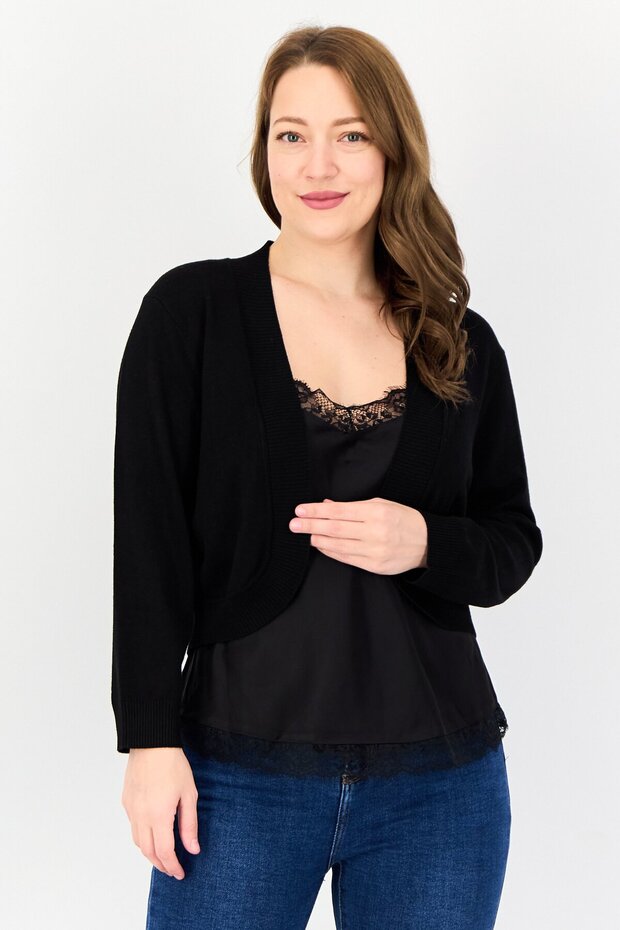 Women Split Neck Textured Cardigan, Black