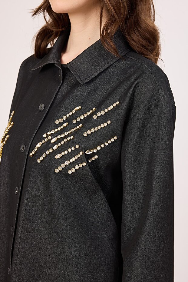 Taş işlemeli jean gömlek - 2