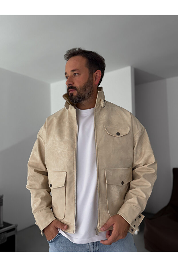 Bej Çift Cepli Efektli Bomber Deri Mont EP-7301 - 1