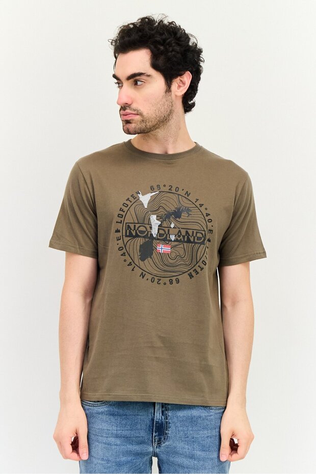 Men Ribbed Collar Short Sleeve Brand Logo T-Shirt, Olive