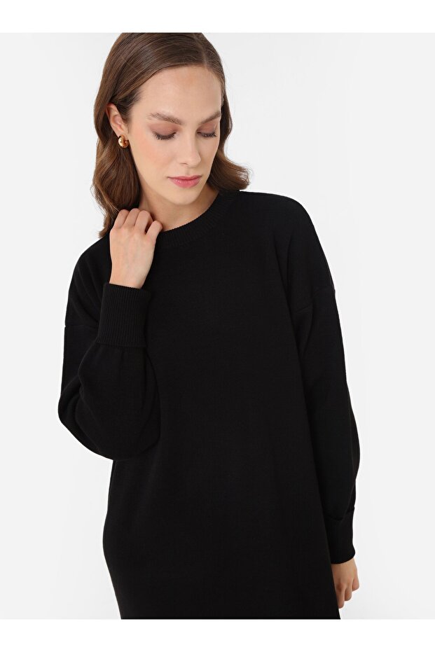 Basic Rahat Kalıp Triko Tesettür Elbise - Siyah - - 2