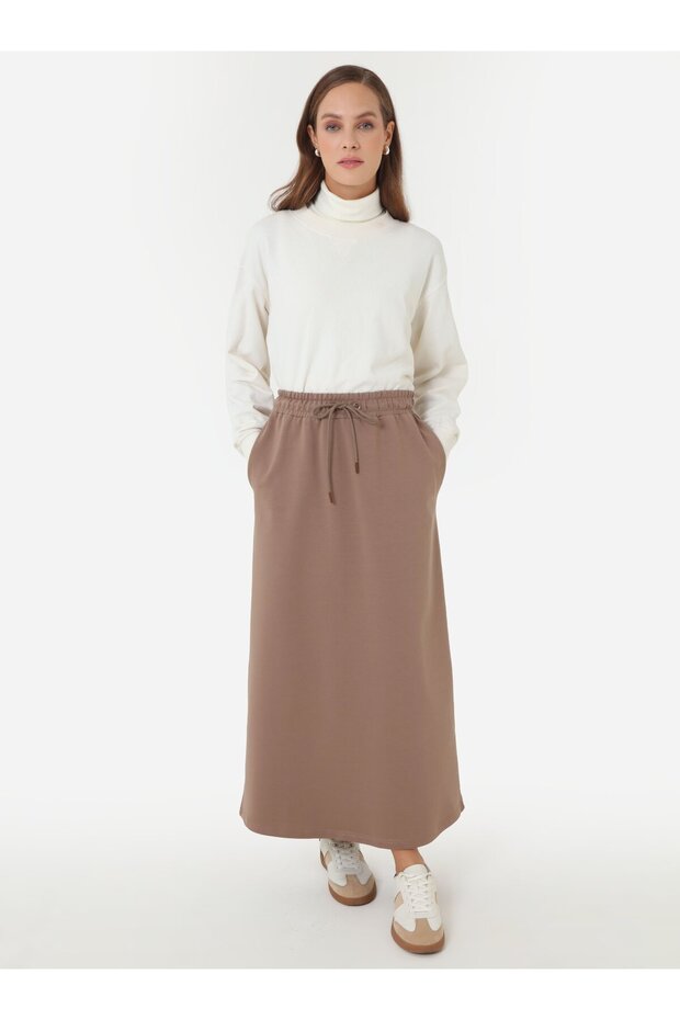 Beli Lastikli Örme Etek - Vizon - - 1