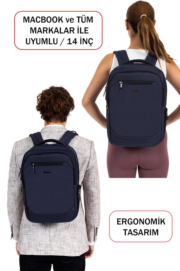 MacBook Compatible Navy Blue Laptop Backpack 14 Inch Shock Absorbing USB Type-C Waterproof Fabric Unisex