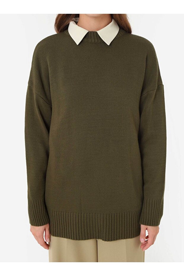 Bisiklet Yaka Basic Triko Kazak - Açık Haki - - 3