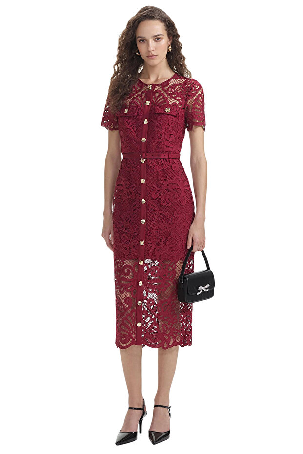 Red Guipure Lace Button Midi Elbise - 1