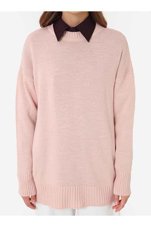 Bisiklet Yaka Basic Triko Kazak - Pudra - - 3